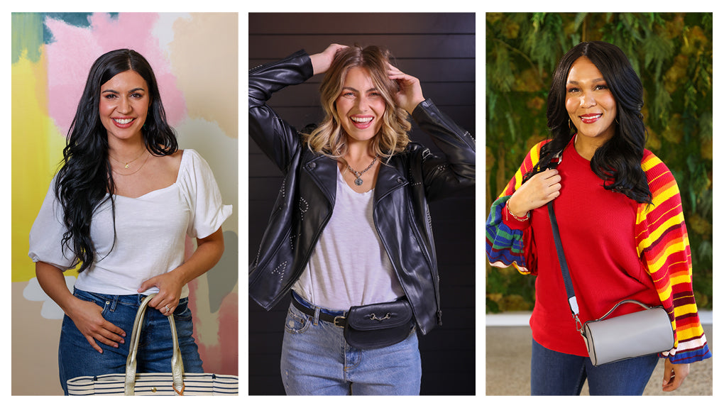 Three women in different outfits with handbags against various backdrops